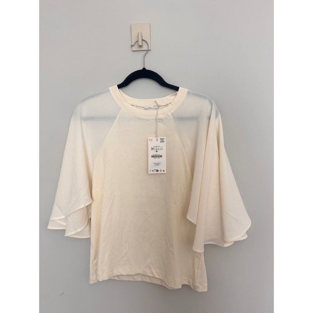 ZARA FRANCE | Flutter Sleeve Top Women M Cream Tiered Ruffle Cotton Tee NWT